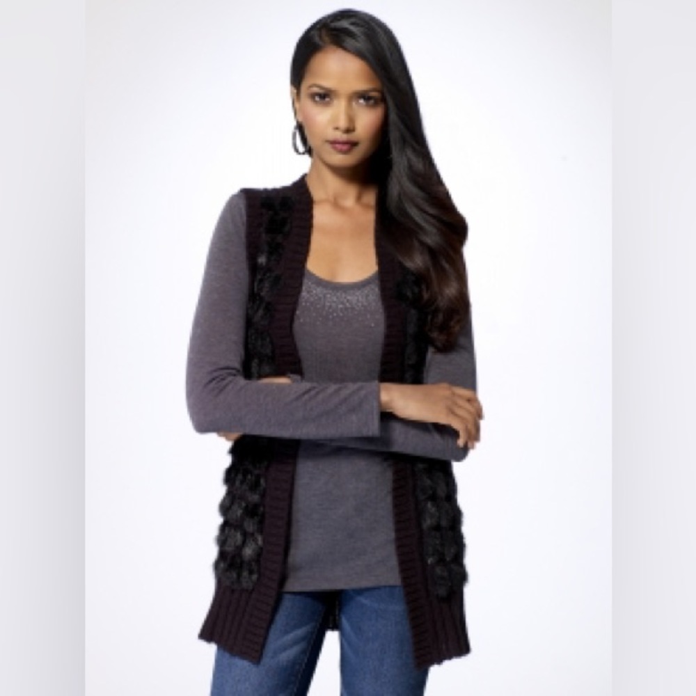 Cache Black Woven Faux Fur Sweat Vest Sz L